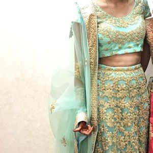 Green & gold lengha (skirt, blouse, chuni)